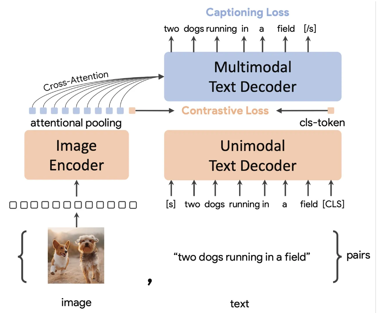 CoCa의 image encoder, unimodal text decoder, multimodal text decoder와 두 학습 목표
