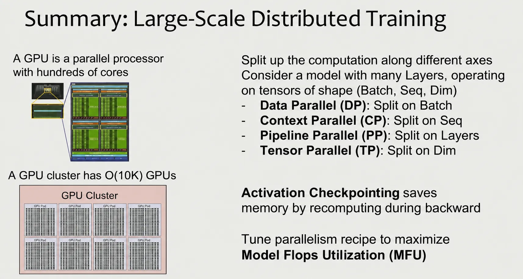 Large-scale distributed training에서 GPU 구조, 네 가지 parallelism 축, activation checkpointing, MFU를 요약한 강의 슬라이드