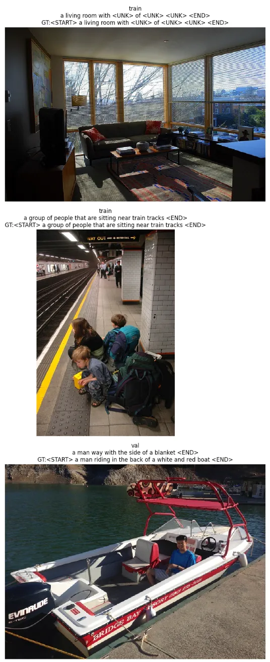 Training image와 validation image에 대해 RNN이 생성한 caption 예시