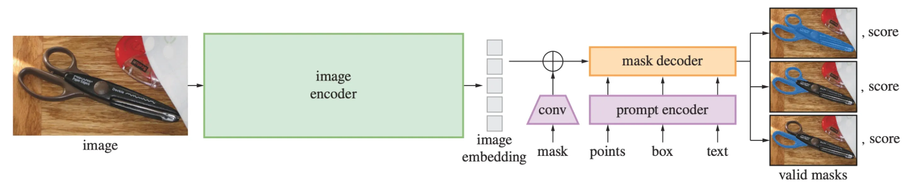 SAM의 image embedding과 prompt embedding을 결합해 여러 mask 및 quality score를 예측하는 구조